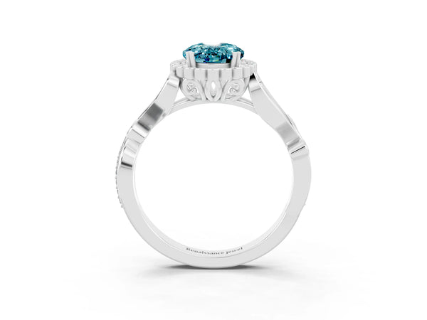 White gold Oval Cut Blue Topaz Halo Ring with Vintage Split Shank and Four-Prong Setting