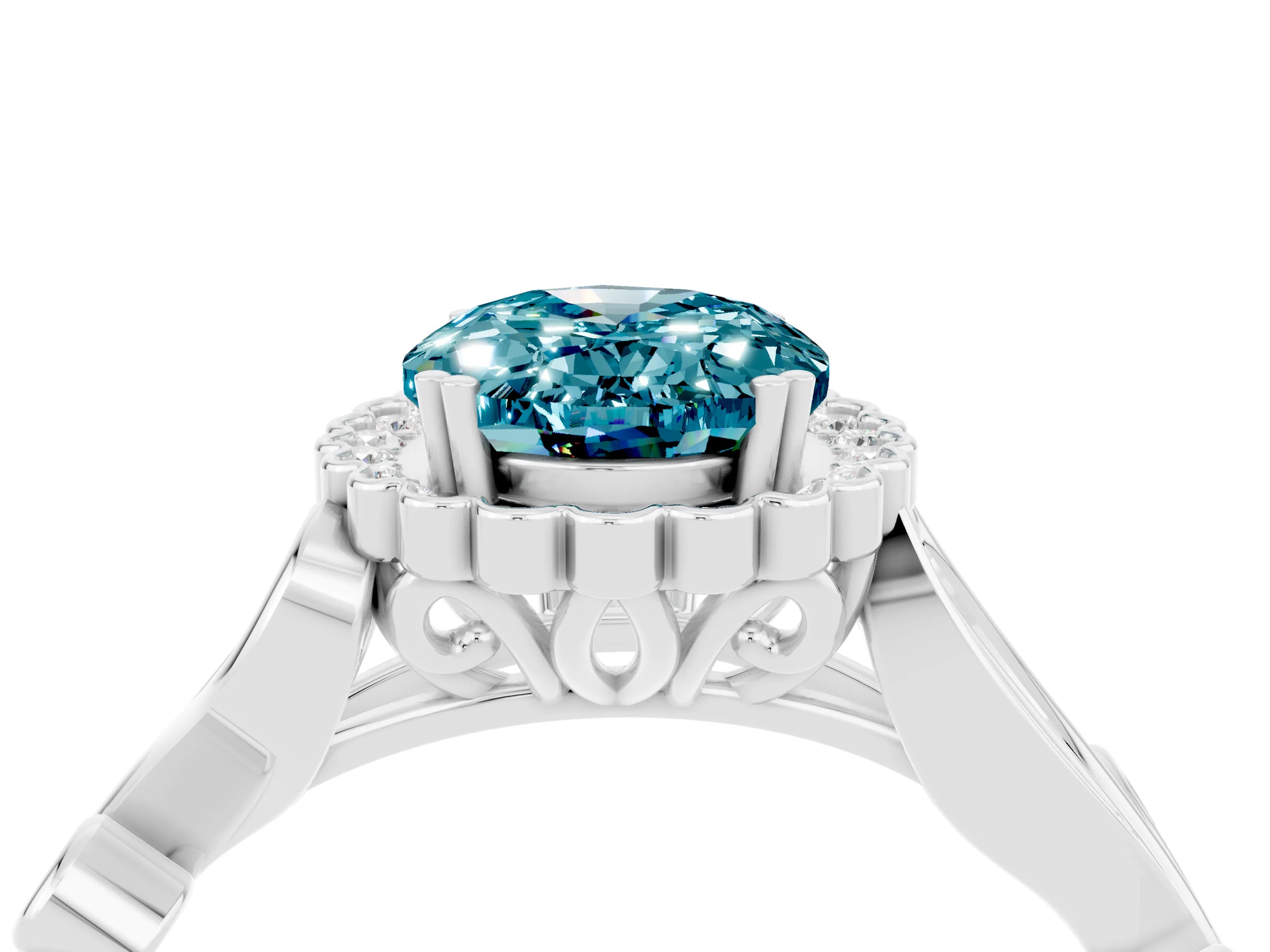 White gold Oval Cut Blue Topaz Halo Ring with Vintage Split Shank and Four-Prong Setting_28