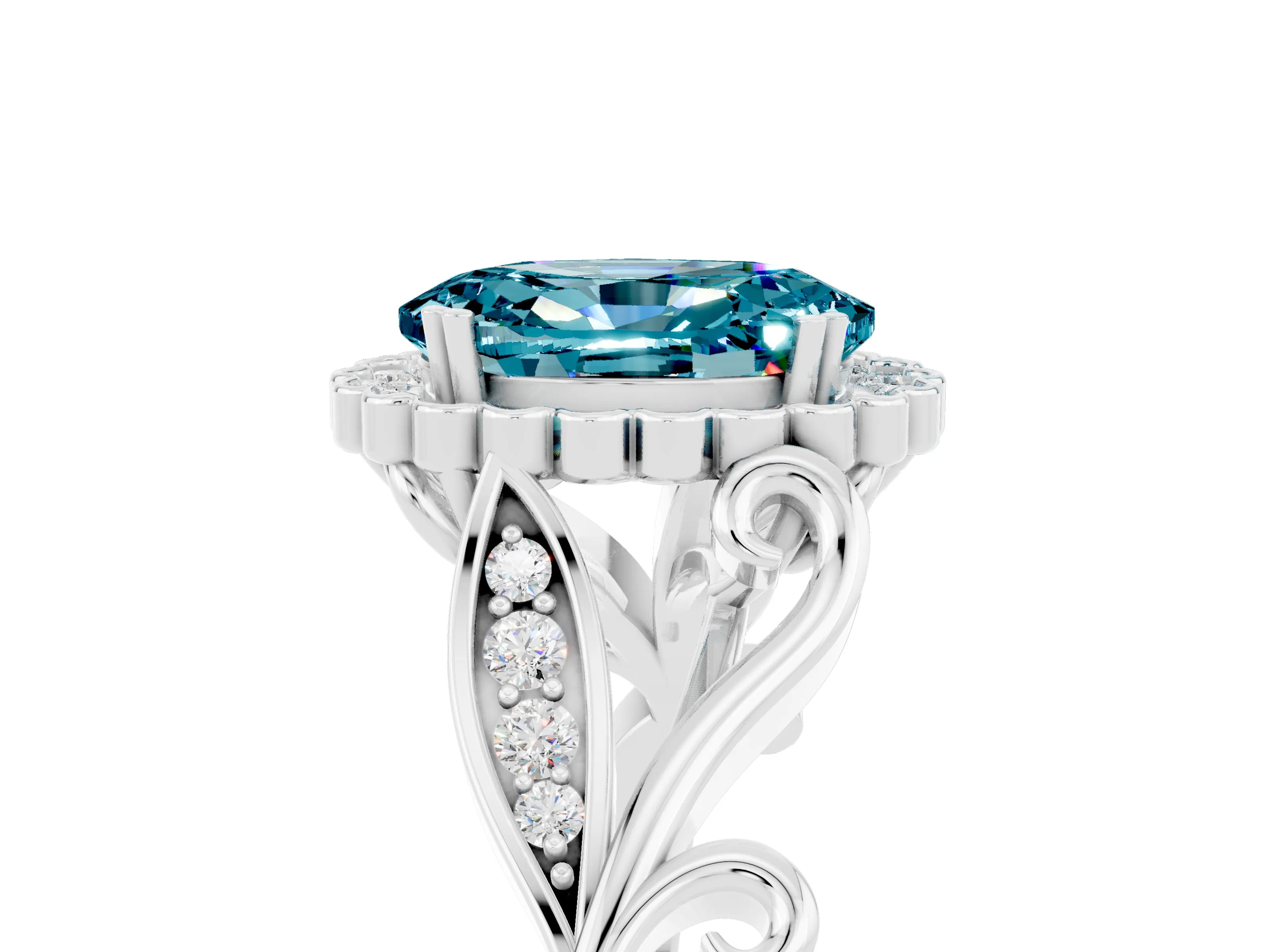 White gold Oval Cut Blue Topaz Halo Ring with Vintage Split Shank and Four-Prong Setting_29
