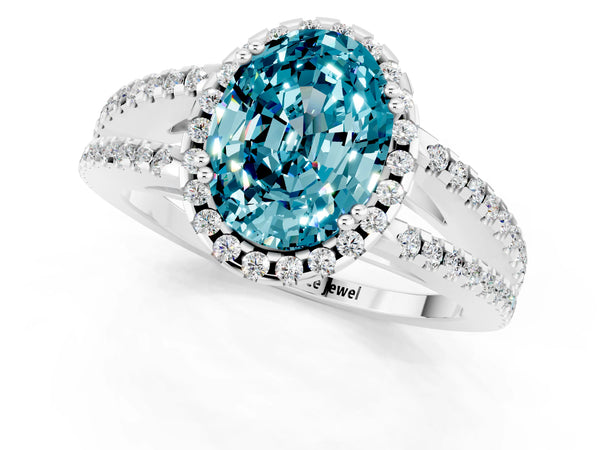 Platinum Oval Cut Blue Topaz Halo Split Shank Engagement Ring