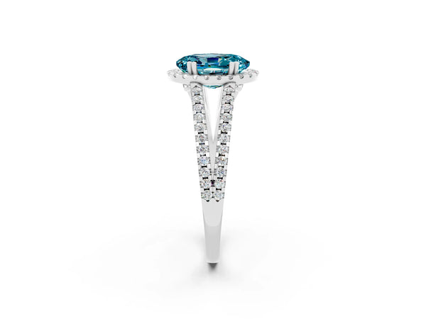 Platinum Oval Cut Blue Topaz Halo Split Shank Engagement Ring