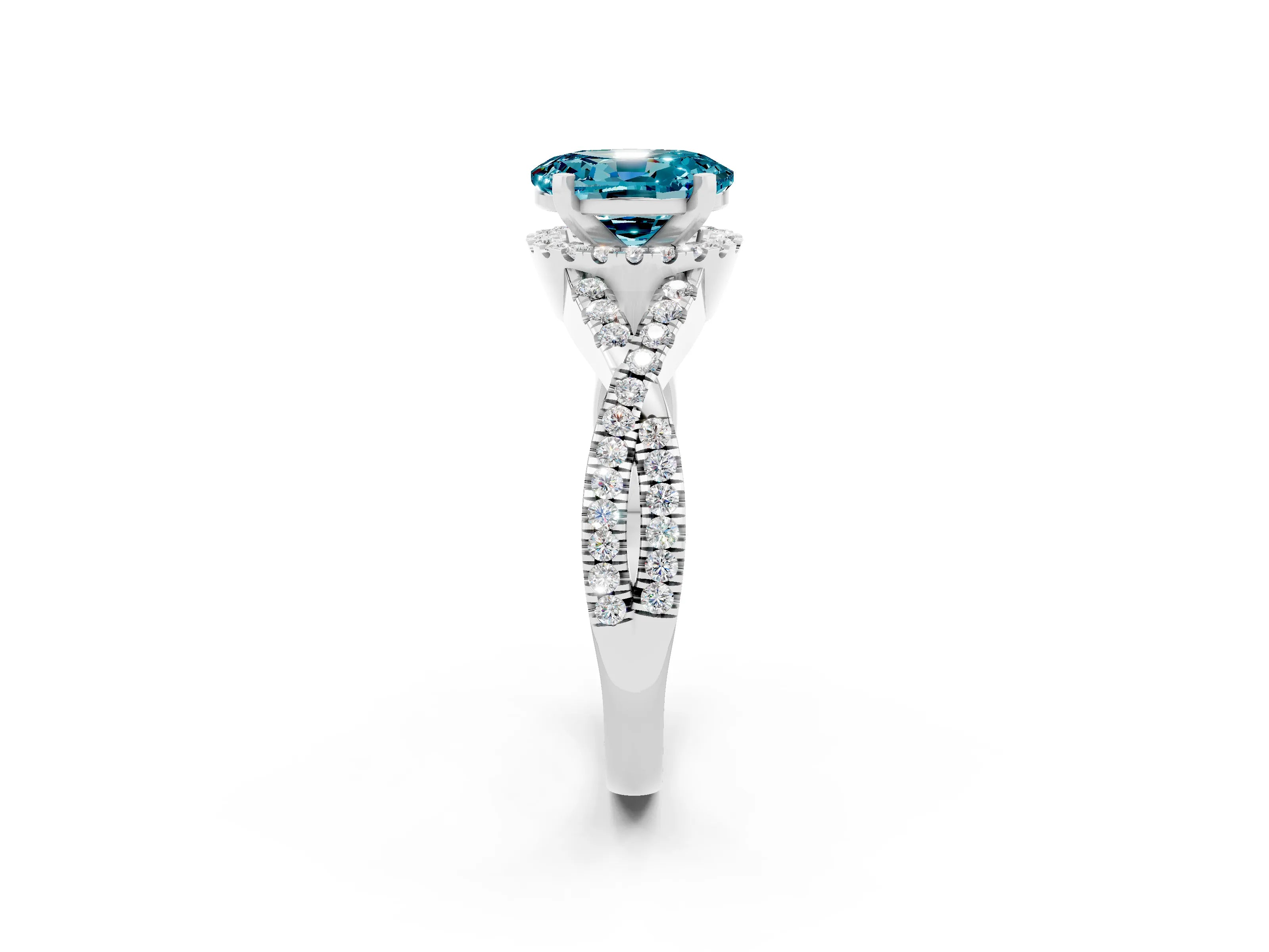 White gold Oval Cut Blue Topaz Halo Twist Band Solitaire Prong Setting Ring_2