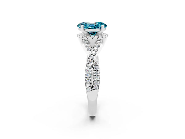 Platinum Oval Cut Blue Topaz  Halo Twist Band Solitaire Prong Setting Ring