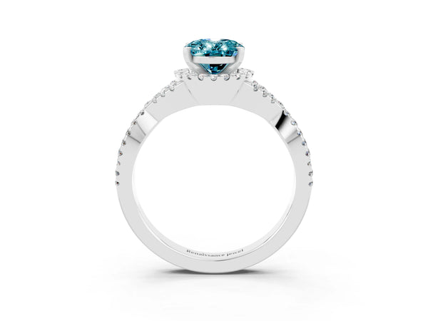 Platinum Oval Cut Blue Topaz  Halo Twist Band Solitaire Prong Setting Ring