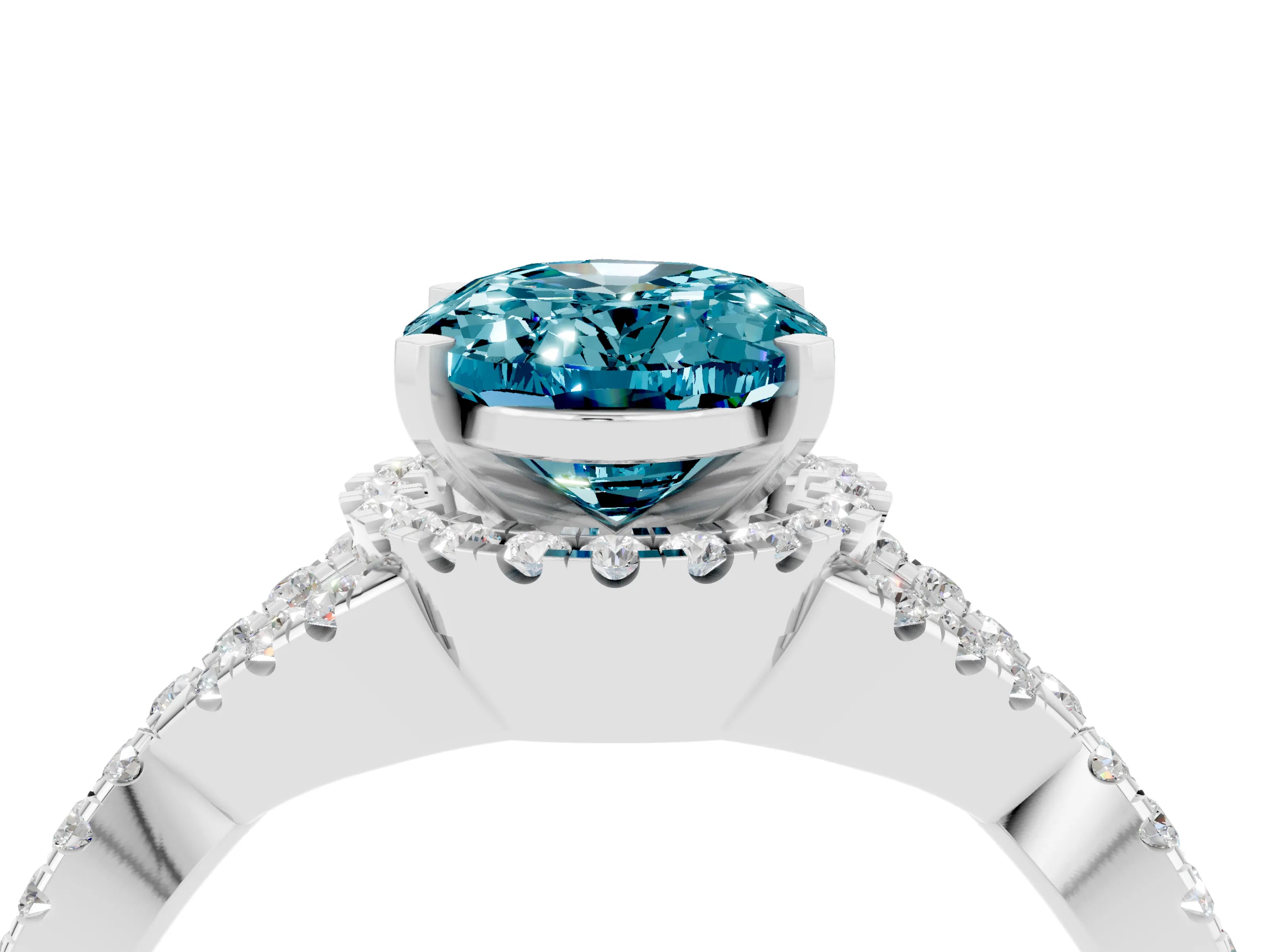 White gold Oval Cut Blue Topaz Halo Twist Band Solitaire Prong Setting Ring_4