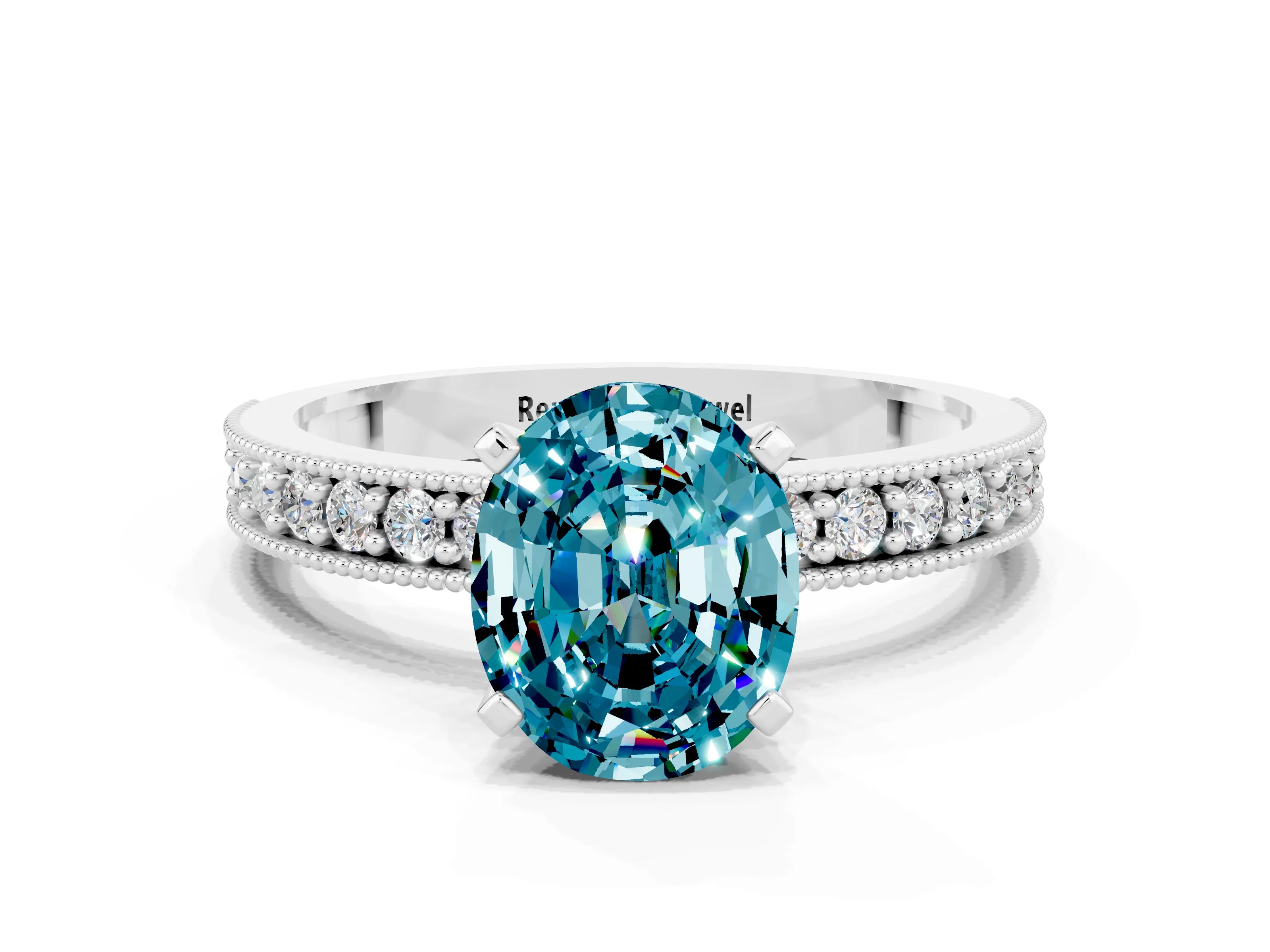 White gold Oval Cut Blue Topaz Milgrain Pavé Engagement Ring with Four-Prong Setting_12