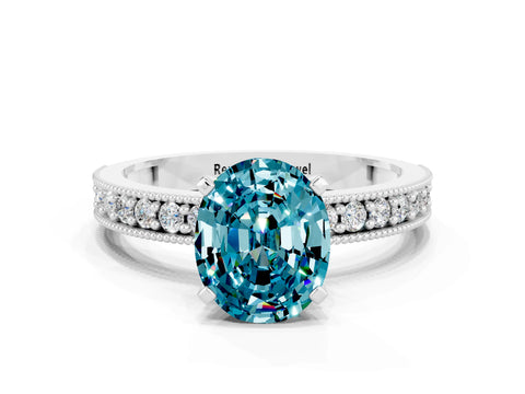 White gold Oval Cut Blue Topaz Milgrain Pavé Engagement Ring with Four-Prong Setting_12