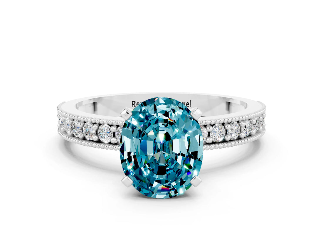 White gold Oval Cut Blue Topaz Milgrain Pavé Engagement Ring with Four-Prong Setting_18