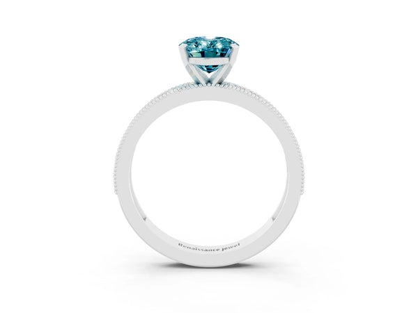 White gold Oval Cut Blue Topaz Milgrain Pavé Engagement Ring with Four-Prong Setting