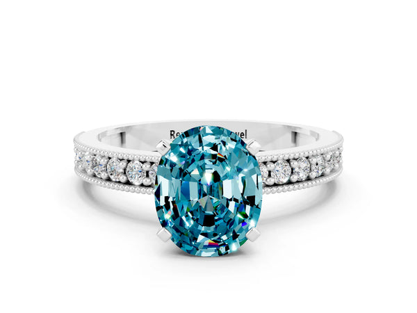 Silver Oval Cut Blue Topaz Milgrain Pavé Engagement Ring with Four-Prong Setting