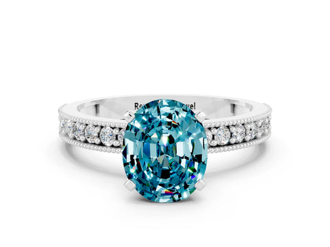 White gold Oval Cut Blue Topaz Milgrain Pavé Engagement Ring with Four-Prong Setting_23