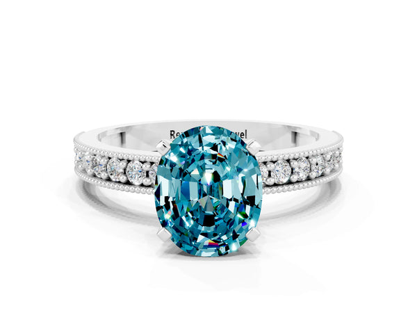 Silver Oval Cut Blue Topaz Milgrain Pavé Engagement Ring with Four-Prong Setting