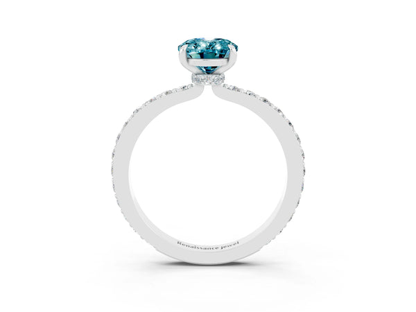Silver Oval Cut Blue Topaz Pavé Engagement Ring with Round  Accents and Prong Setting