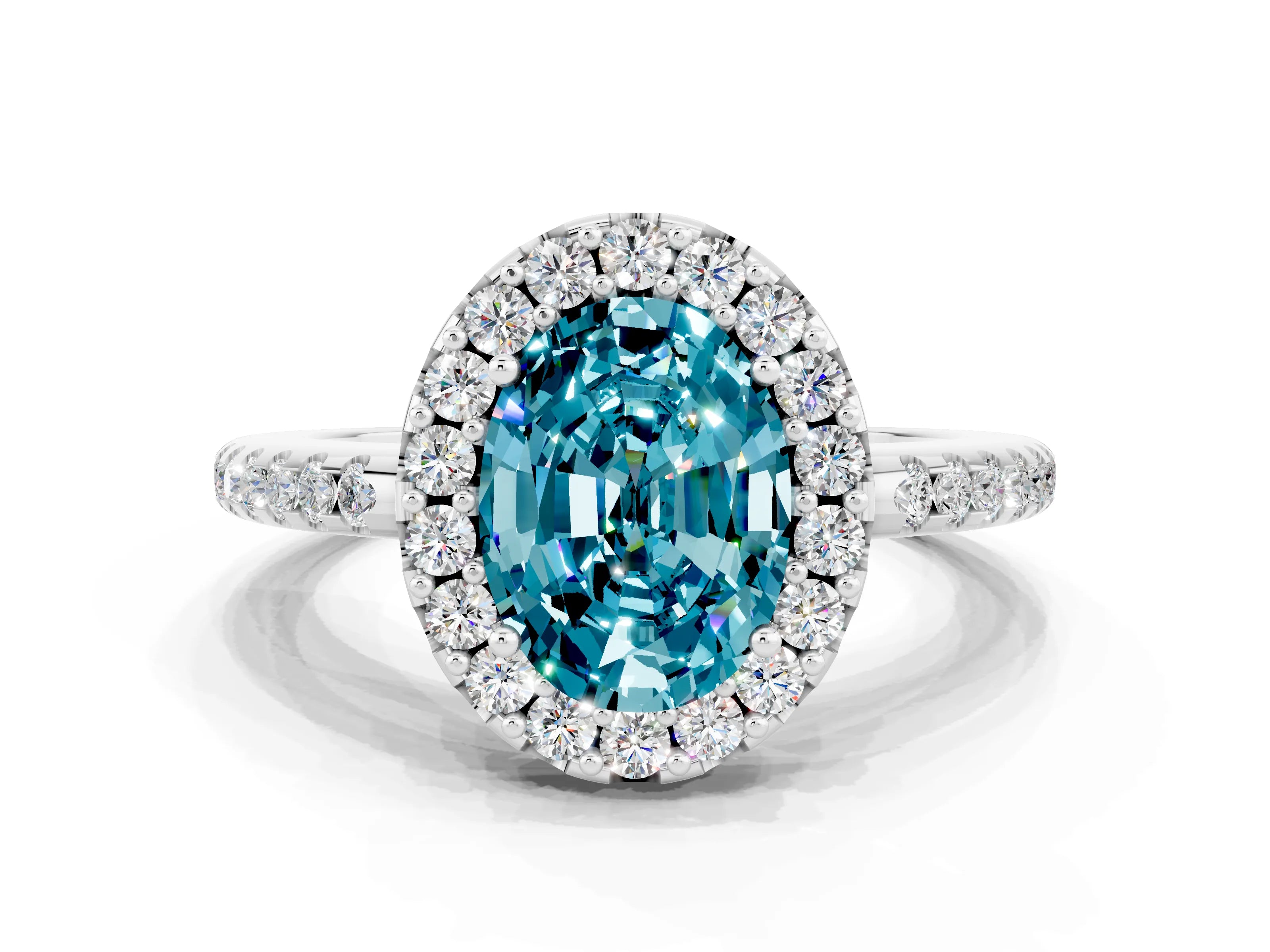 White gold Oval Cut Blue Topaz Pavé Halo Ring with Four-Prong Setting_12