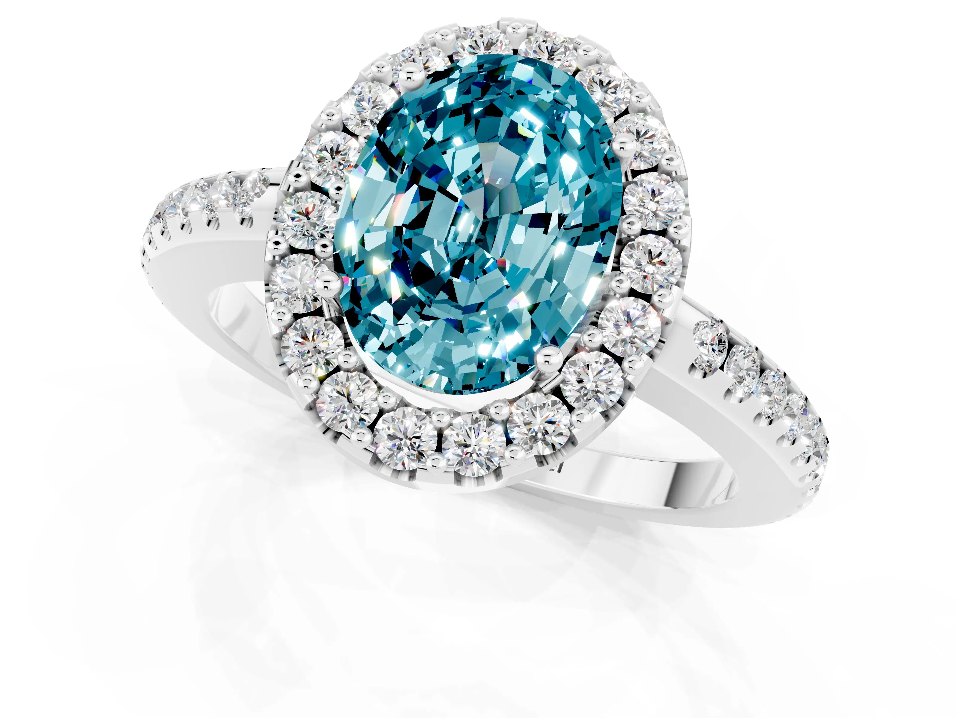 White gold Oval Cut Blue Topaz Pavé Halo Ring with Four-Prong Setting_13