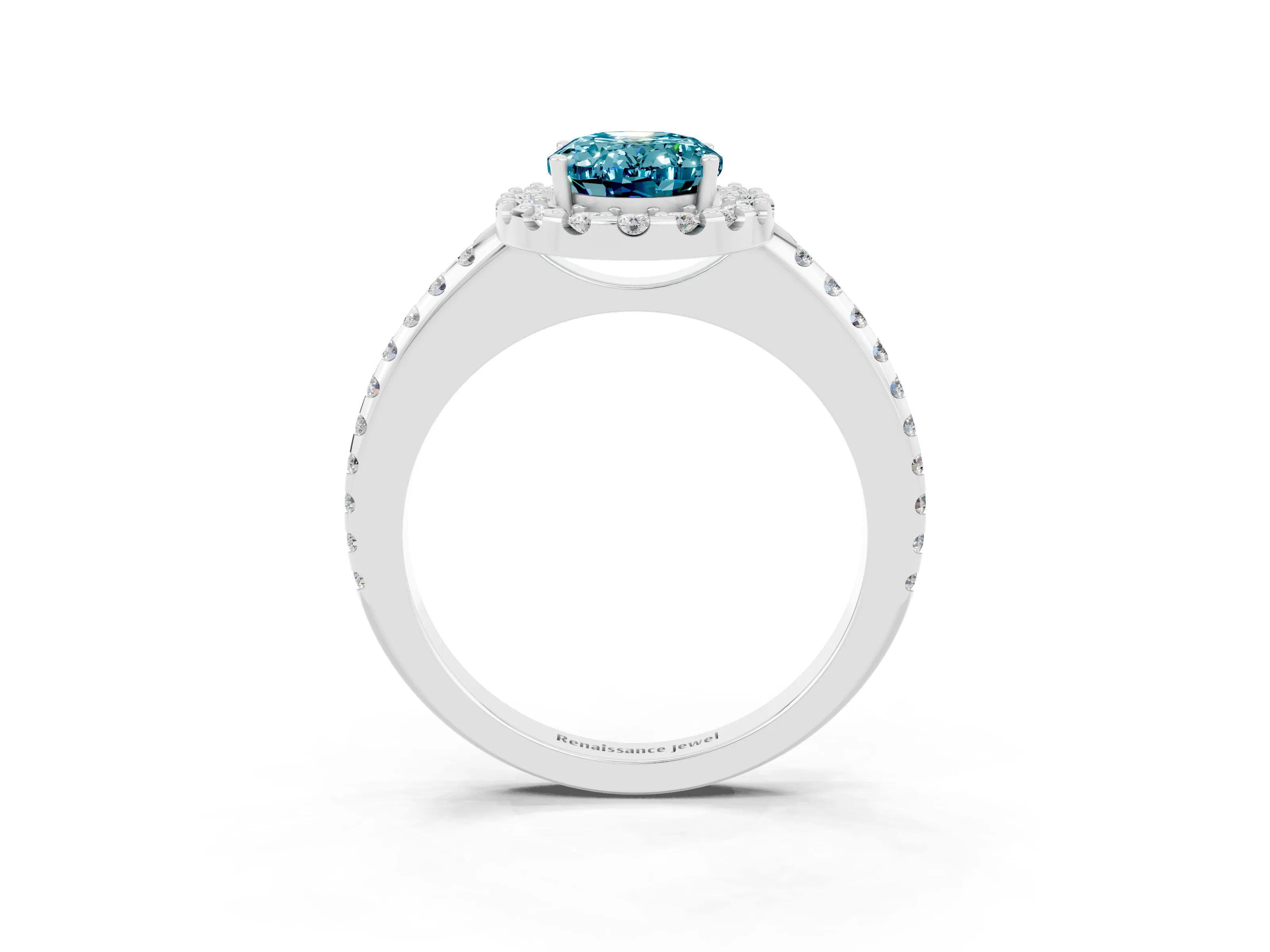 White gold Oval Cut Blue Topaz Pavé Halo Ring with Four-Prong Setting_15