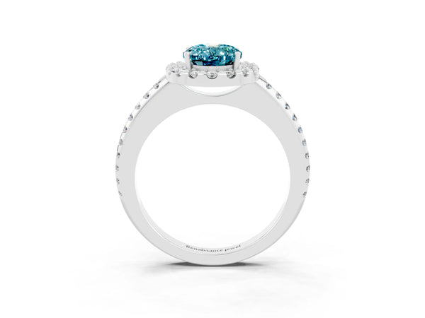 Silver Oval Cut Blue Topaz Pavé Halo Ring with Four-Prong Setting