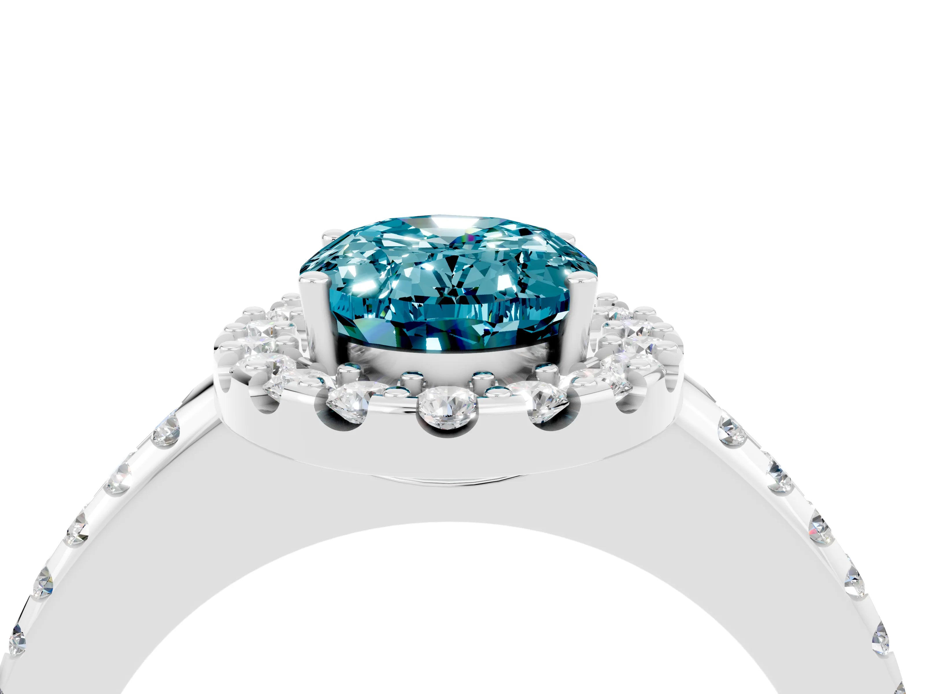 White gold Oval Cut Blue Topaz Pavé Halo Ring with Four-Prong Setting_16
