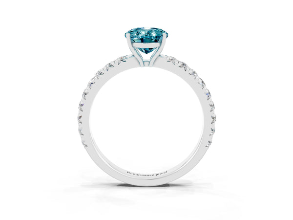 White gold Oval Cut Blue Topaz Pavé Solitaire Engagement Ring with Four-Prong Setting