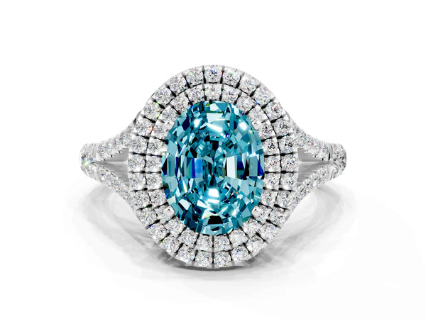 Silver Oval Cut Blue Topaz Pavé Split Shank Double Halo Engagement Ring