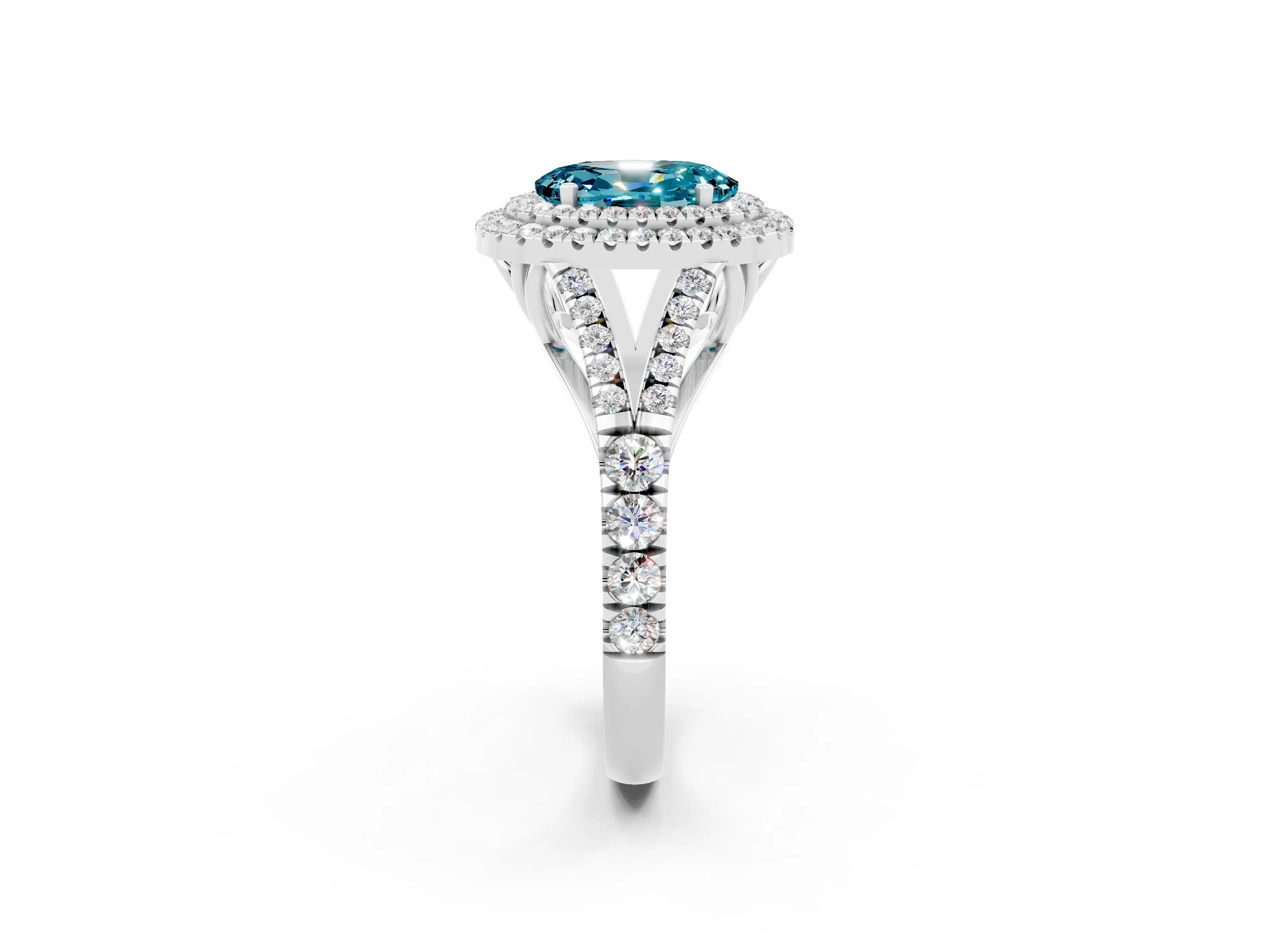 White gold Oval Cut Blue Topaz Pavé Split Shank Double Halo Engagement Ring_2