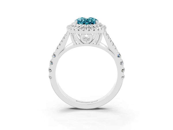 Platinum Oval Cut Blue Topaz Pavé Split Shank Double Halo Engagement Ring