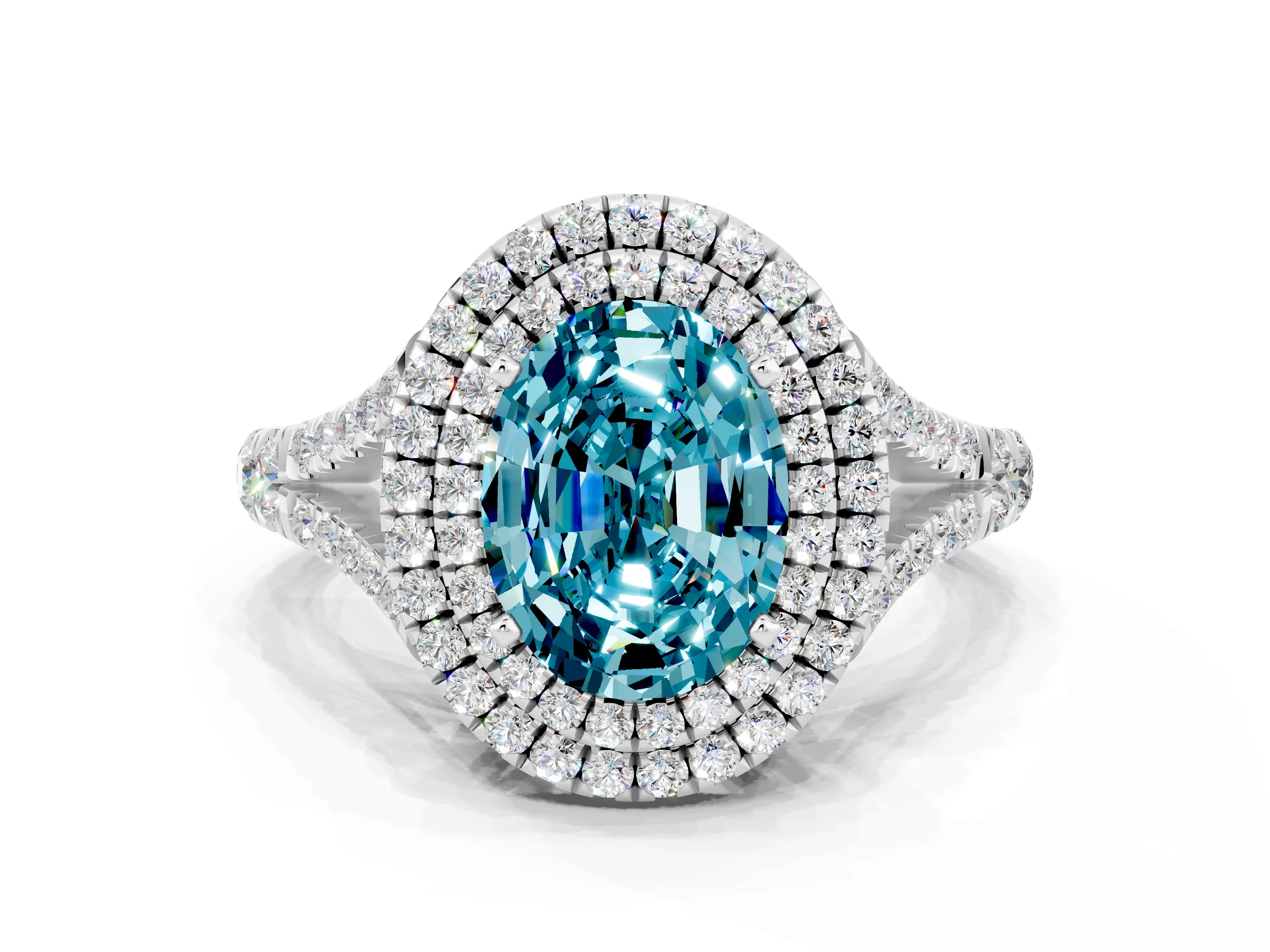 White gold Oval Cut Blue Topaz Pavé Split Shank Double Halo Engagement Ring