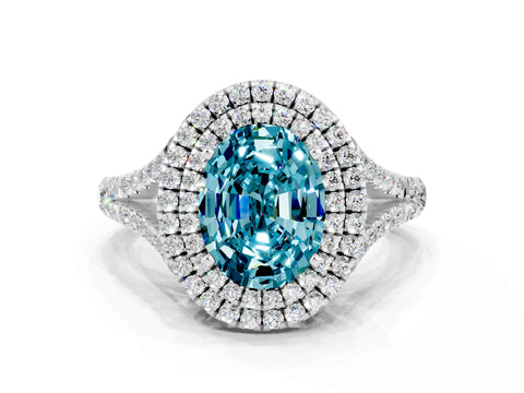 White gold Oval Cut Blue Topaz Pavé Split Shank Double Halo Engagement Ring
