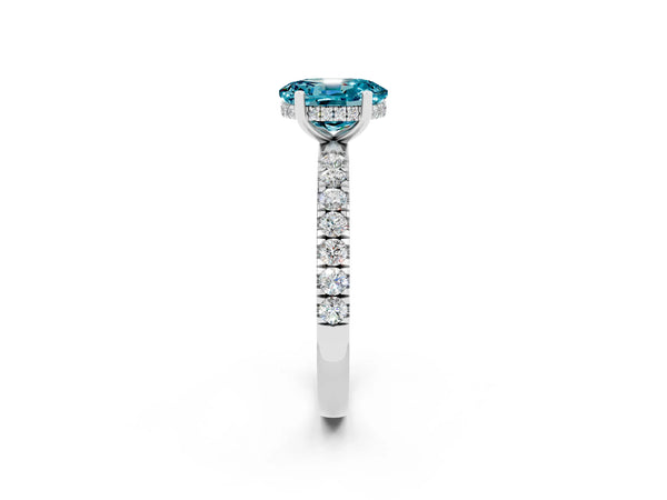 Platinum Oval Cut Blue Topaz Pave Band Solitaire Ring with Round  and Prong Setting