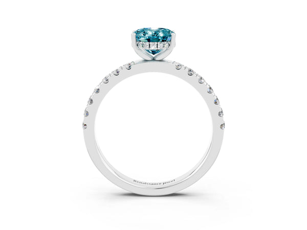 Silver Oval Cut Blue Topaz Pave Band Solitaire Ring with Round  and Prong Setting