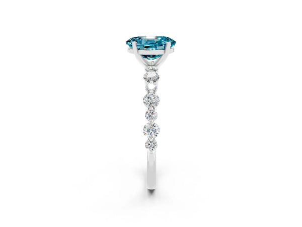 Platinum Oval Cut Blue Topaz Prong Set Engagement Ring with Pavé Band