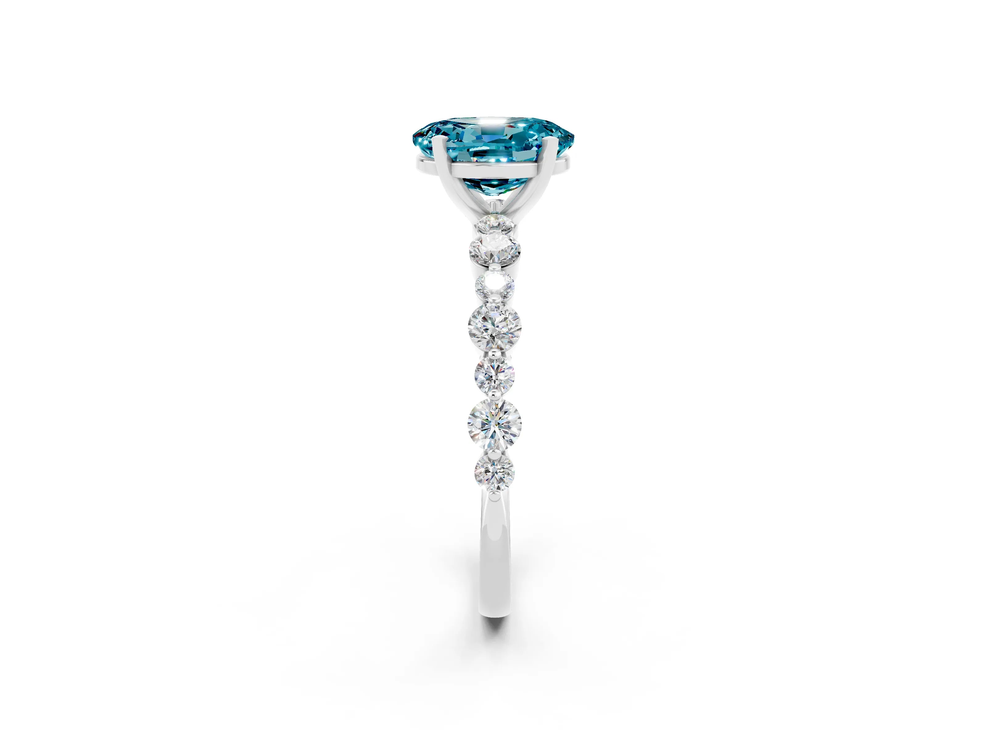 White gold Oval Cut Blue Topaz Prong Set Engagement Ring with Pavé Band_2