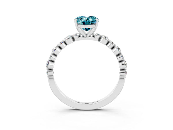 Platinum Oval Cut Blue Topaz Prong Set Engagement Ring with Pavé Band
