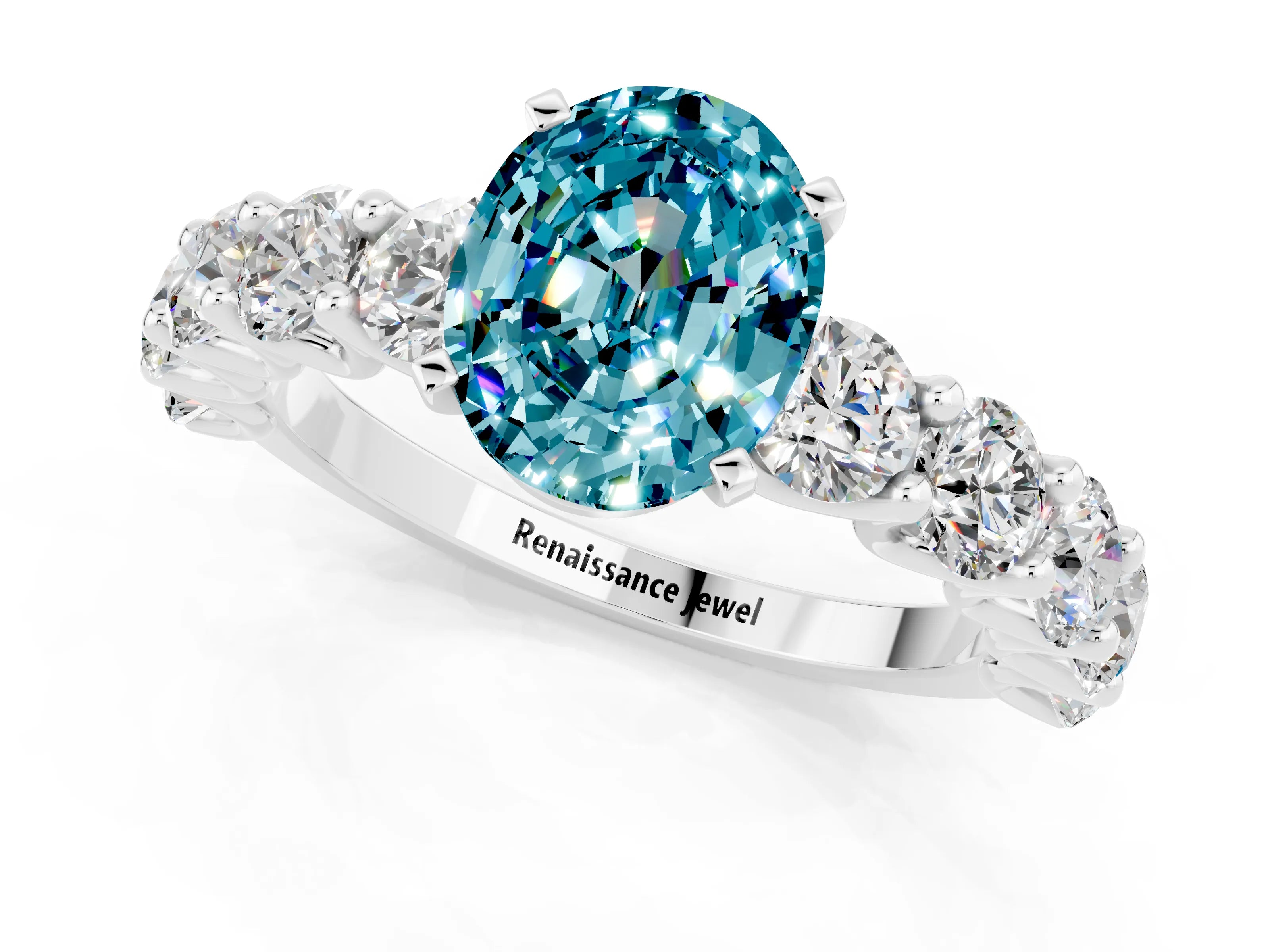 White gold Oval Cut Blue Topaz Prong Setting with Side Stones on a Pave Band_1