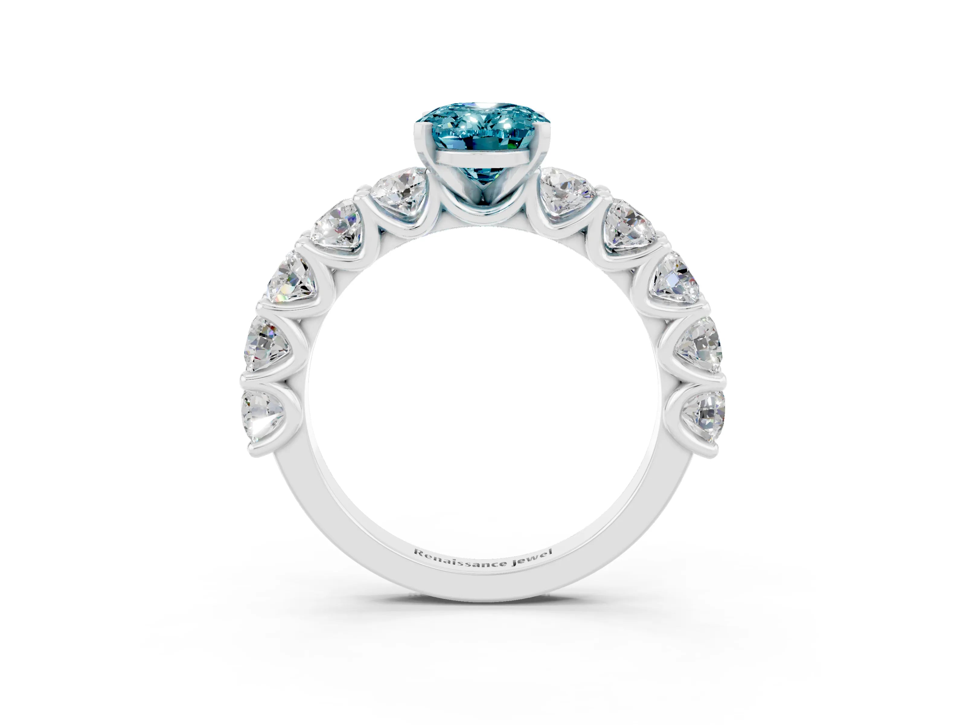 White gold Oval Cut Blue Topaz Prong Setting with Side Stones on a Pave Band_3