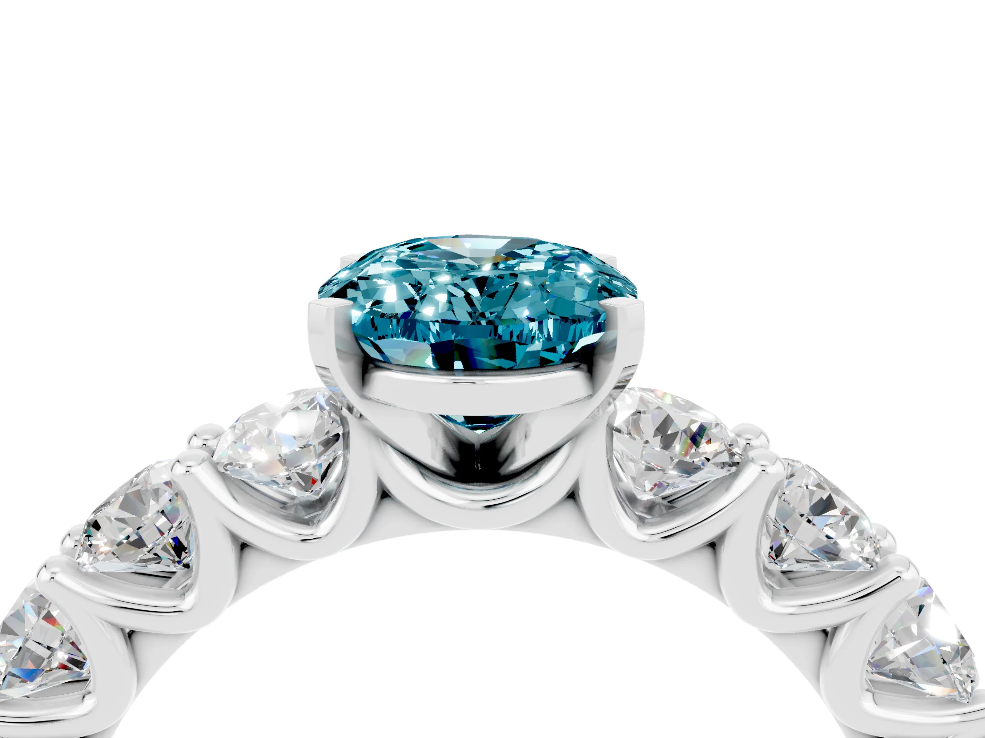 White gold Oval Cut Blue Topaz Prong Setting with Side Stones on a Pave Band_4