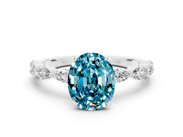 Platinum Oval Cut Blue Topaz Ring with Marquise Side Stones and Prong Setting