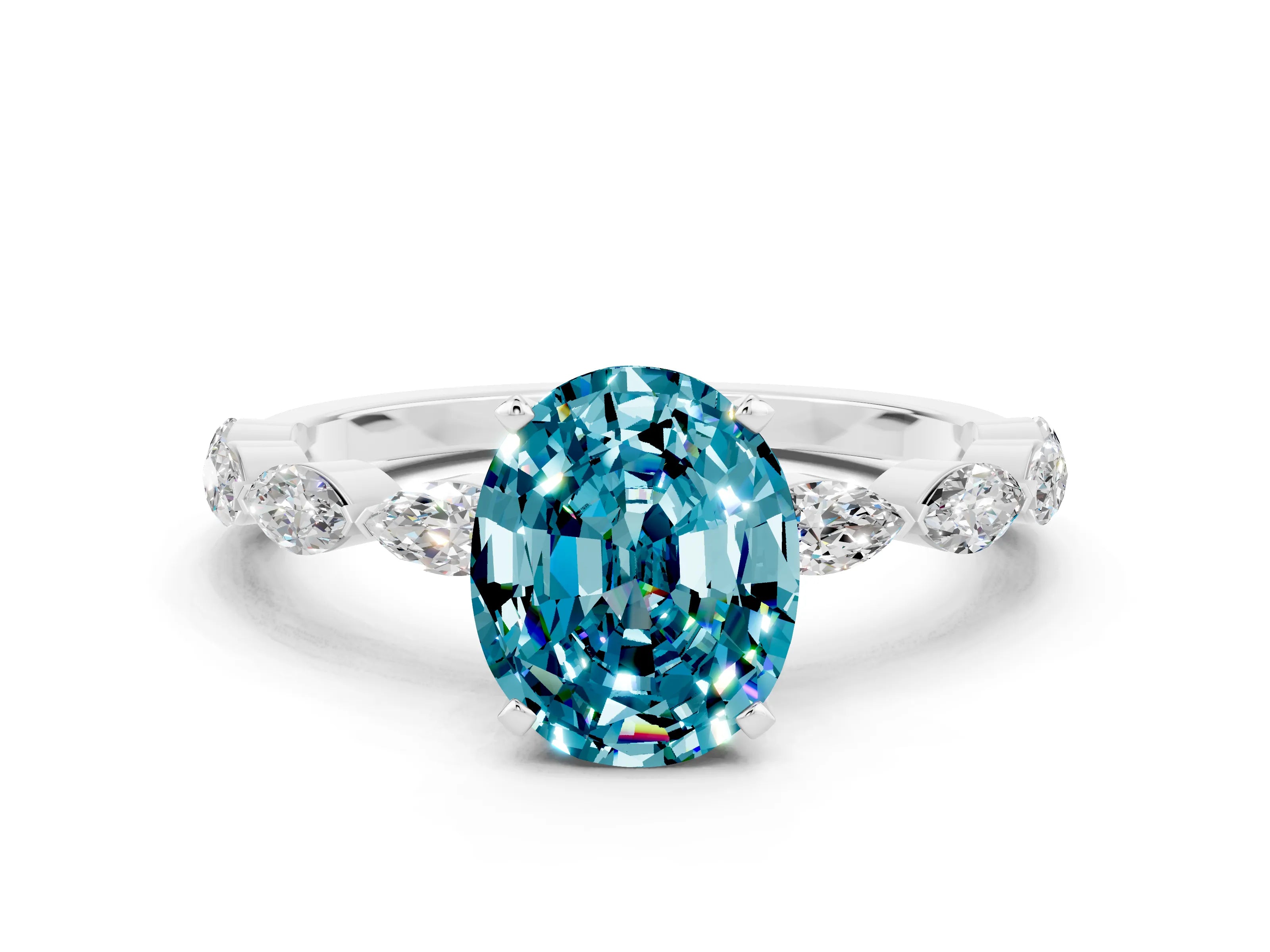 White gold Oval Cut Blue Topaz Ring with Marquise Side Stones and Prong Setting