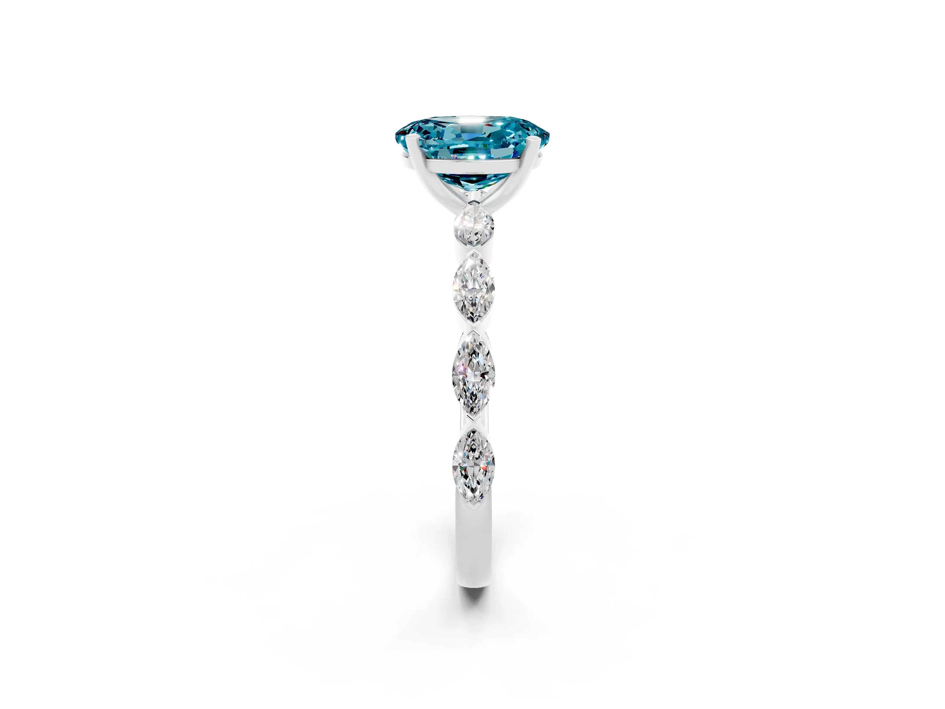White gold Oval Cut Blue Topaz Ring with Marquise Side Stones and Prong Setting_2