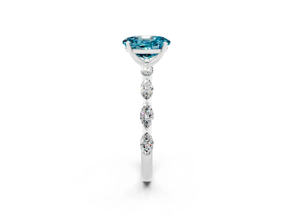 Silver Oval Cut Blue Topaz Ring with Marquise Side Stones and Prong Setting