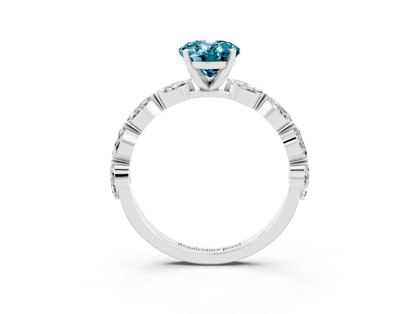 White gold Oval Cut Blue Topaz Ring with Marquise Side Stones and Prong Setting