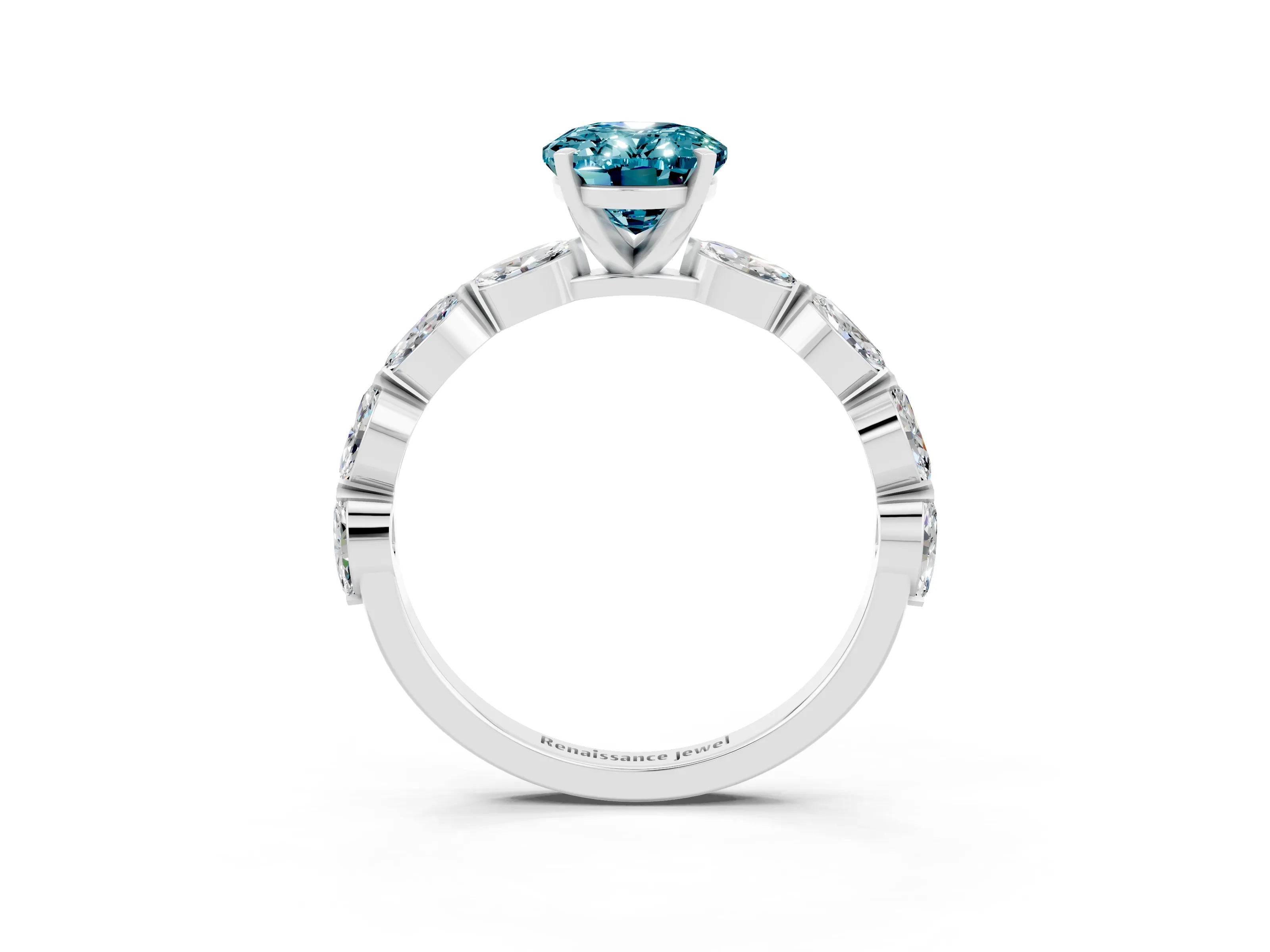 White gold Oval Cut Blue Topaz Ring with Marquise Side Stones and Prong Setting_3