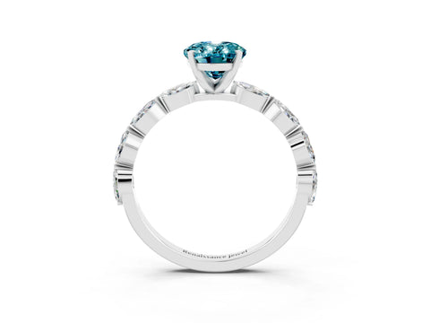 White gold Oval Cut Blue Topaz Ring with Marquise Side Stones and Prong Setting_3