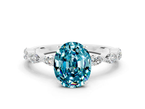 White gold Oval Cut Blue Topaz Ring with Marquise Side Stones and Prong Setting