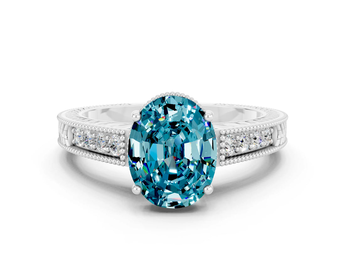White gold Oval Cut Blue Topaz Ring with Milgrain Pavé Band and Four-Prong Setting_12