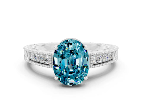 White gold Oval Cut Blue Topaz Ring with Milgrain Pavé Band and Four-Prong Setting_12