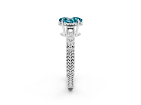 White gold Oval Cut Blue Topaz Ring with Milgrain Pavé Band and Four-Prong Setting_14
