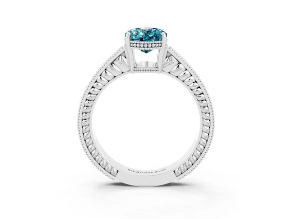 Silver Oval Cut Blue Topaz Ring with Milgrain Pavé Band and Four-Prong Setting