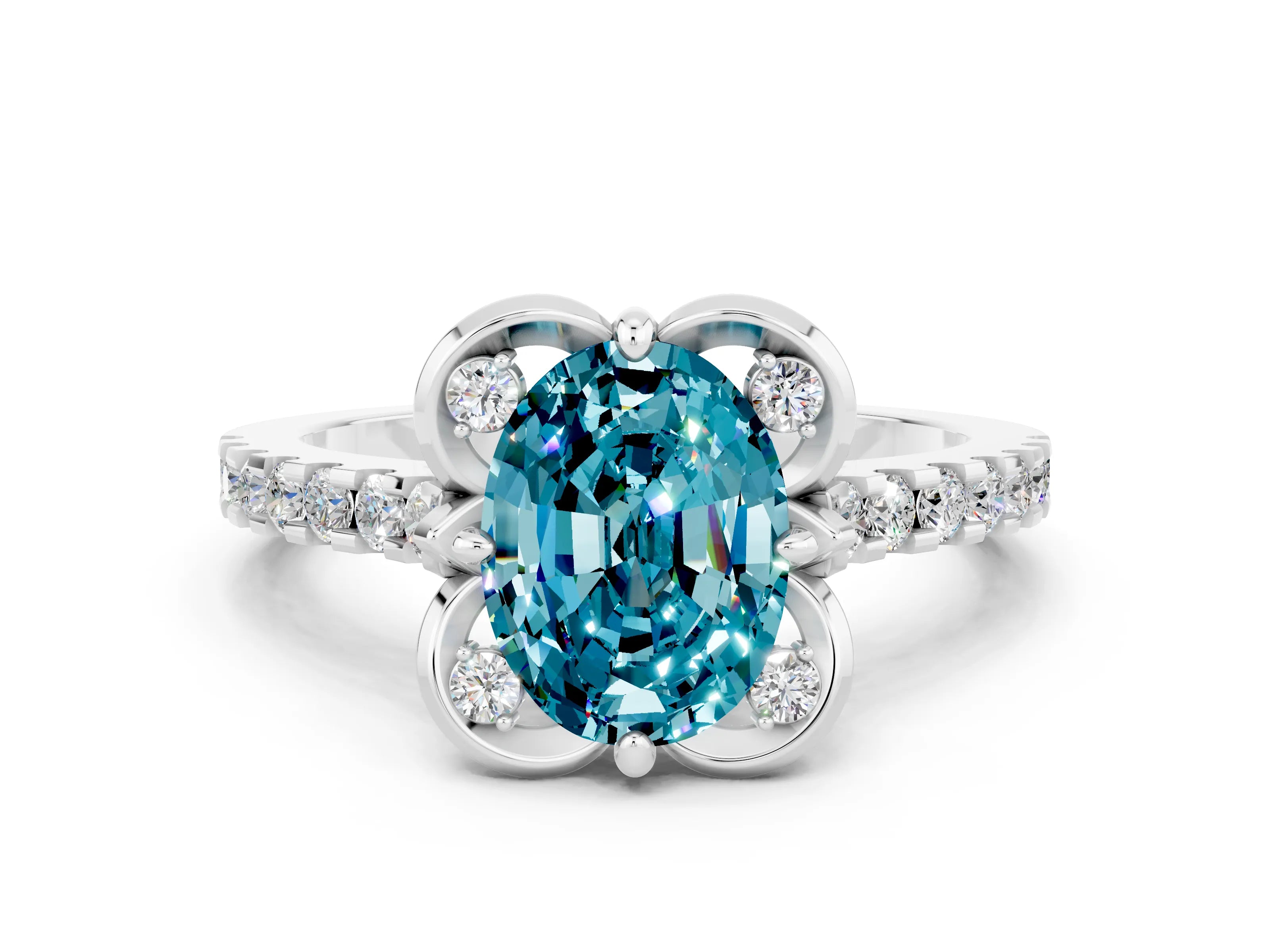 White gold Oval Cut Blue Topaz Ring with Pavé Band and Floral Prong Setting