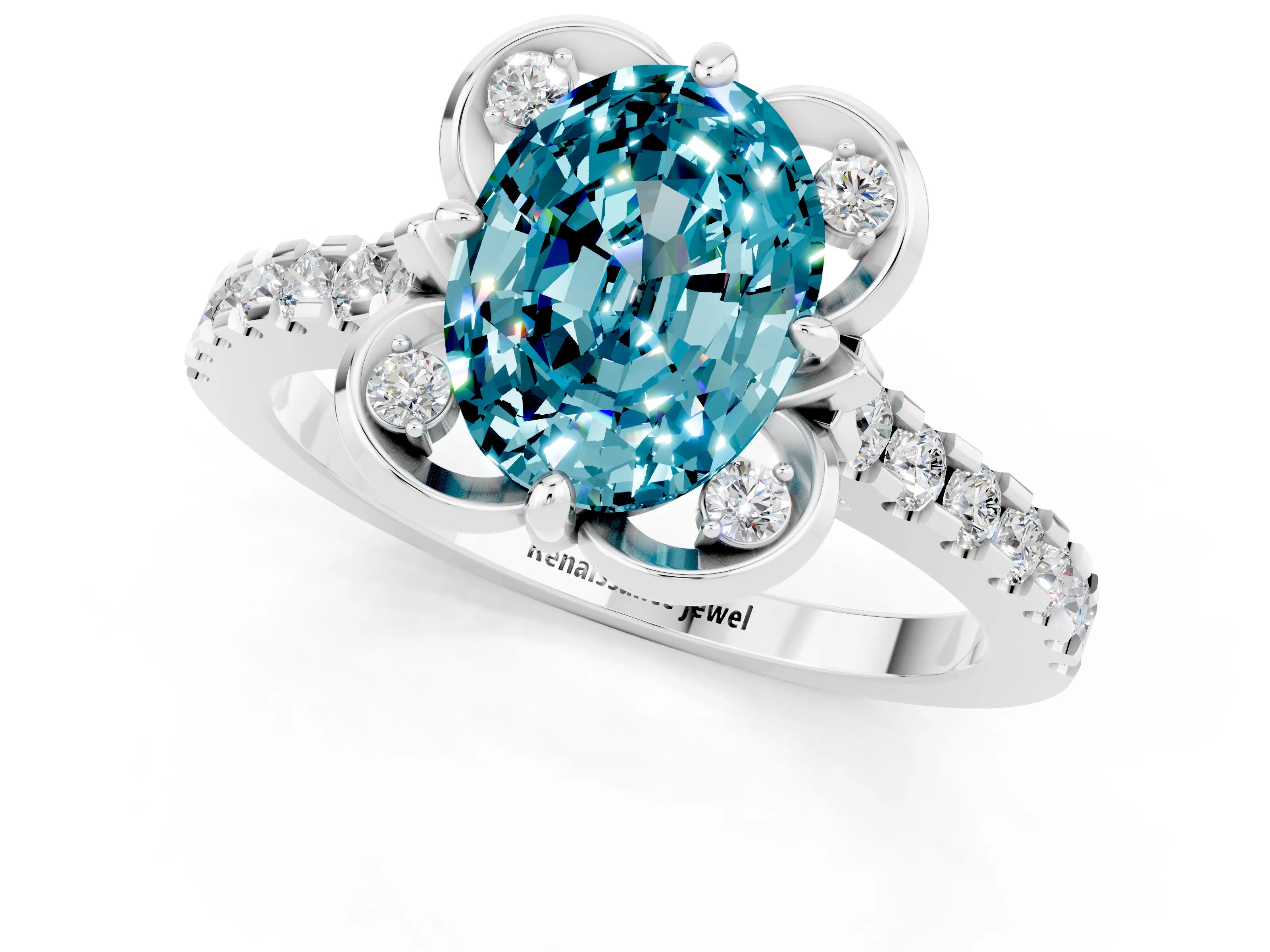 White gold Oval Cut Blue Topaz Ring with Pavé Band and Floral Prong Setting_1